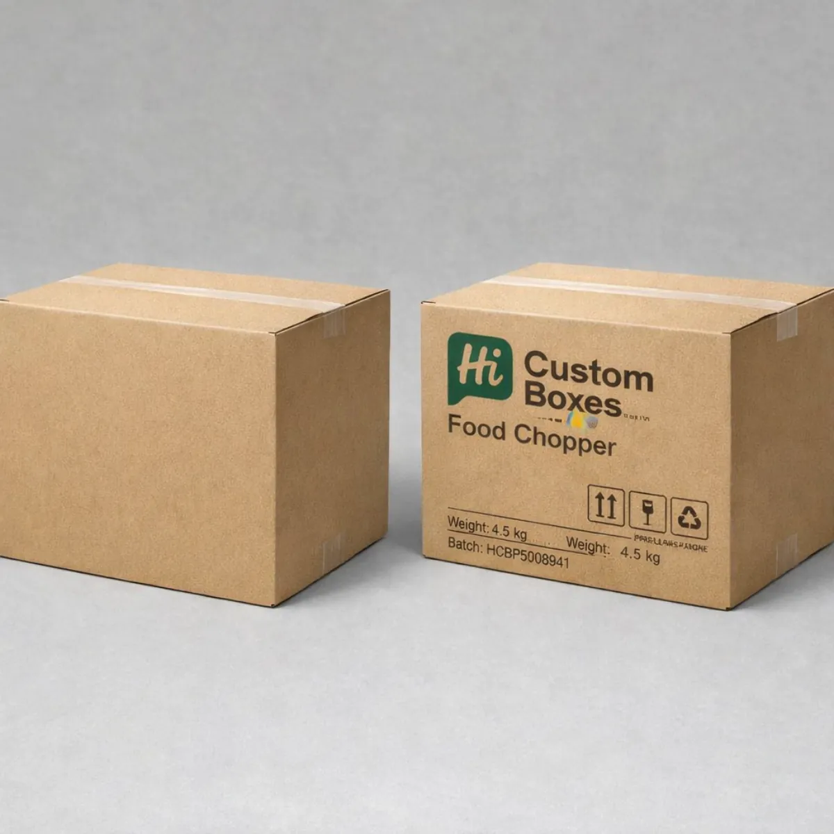 Two brown corrugated cardboard shipping cartons printed with 